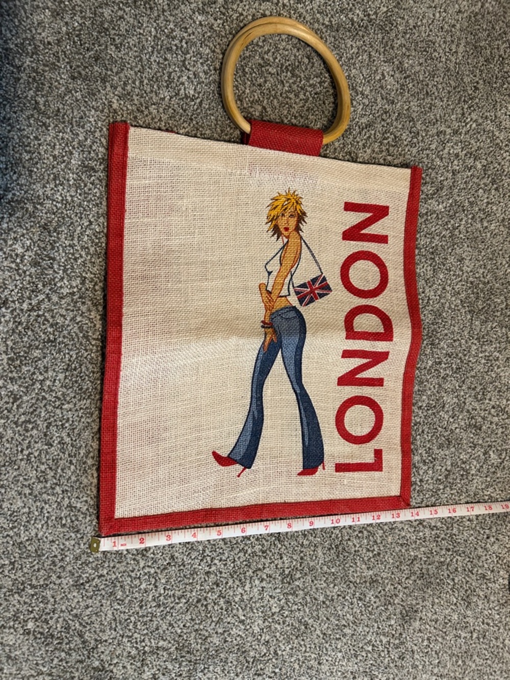 Beige Canvas London Tote with Red Trim and Ring Handle